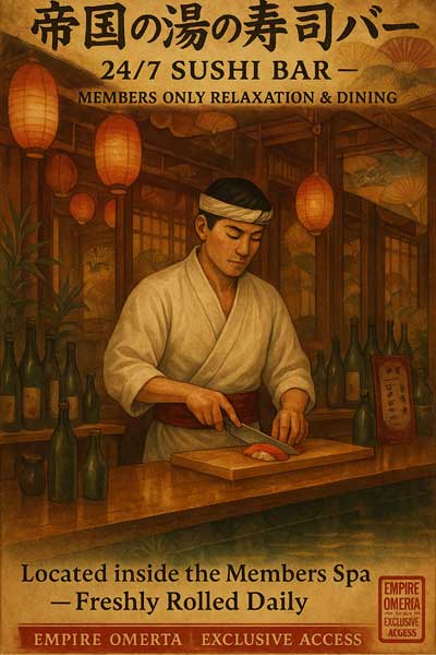 Come visit Omerta's Sushi Chef for fantastic sushi in the members only spa!