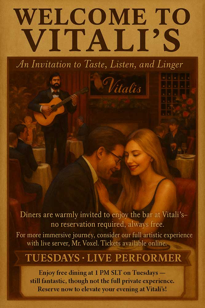 Live Music at Vitali's Restaurant in Empire Omerta - Second Life. Or book a reservation for a private table any day of the week.